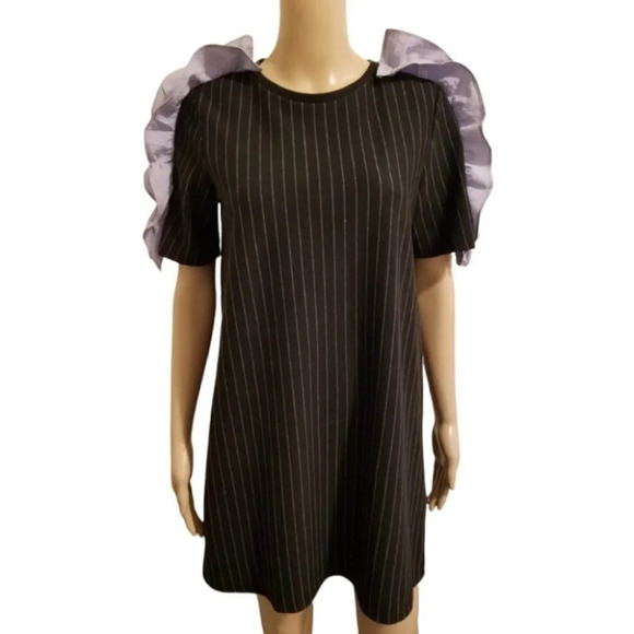 Zara Dresses & Skirts - Oversize Pinstripe Lavender Ruffle-Shoulder Dress by ZARA